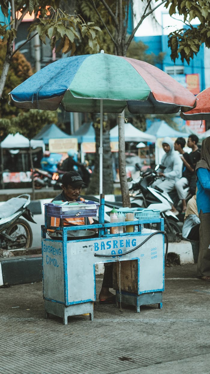 Traditional street food vendor selling Basreng in West Java, Indonesia.